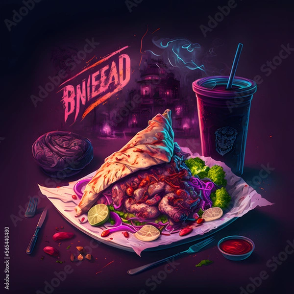 Fototapeta Fantasy Concept Art Meal: Professional Product Photography with Purple and Red Accents and High Key Light