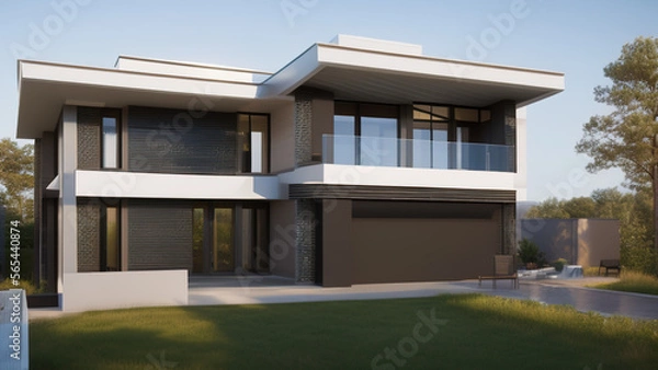 Fototapeta modern house in the suburbs, mansion, luxurious, in the middle of the environment, Generative AI