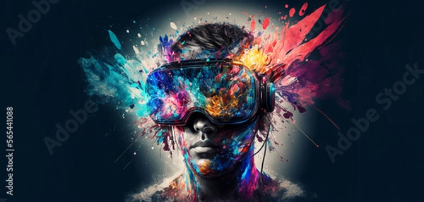 Fototapeta Abstract VR headset glasses portrait with colorful double exposure paint with Generative AI.