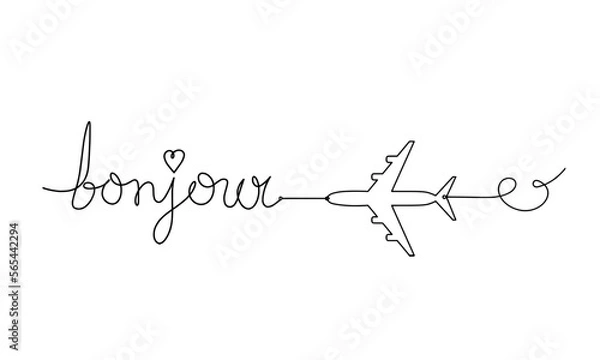 Obraz Calligraphic inscription of word "bonjour", "hello" with plane as continuous line drawing on white  background