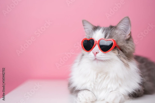 Fototapeta Cute funny cat in red heart shaped sunglasses sits on a pink background. Postcard with cat with space for text. Concept Valentine's Day, wedding, women's day, birthday
