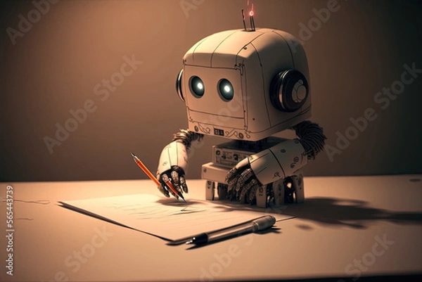 Fototapeta Concept of a robot replacing humans at work, robot writing, AI generative art, ChatGPT. Illustration created with Generative AI.