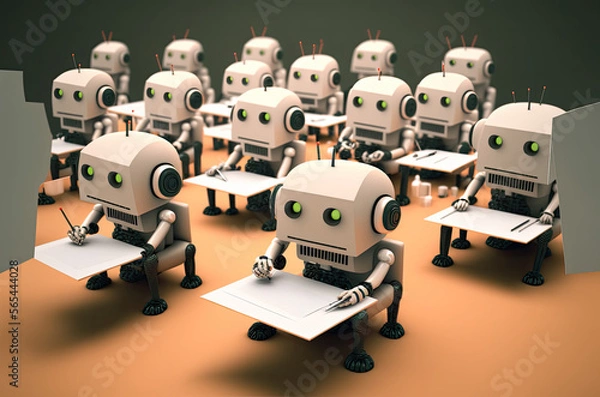 Fototapeta Concept of a robot replacing humans at work, robot writing, AI generative art, ChatGPT. Student cheating. Cheating in school. Cheating with ChatGPT. Illustration created with Generative AI.