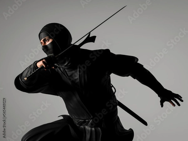 Fototapeta A ninja holding a ninja sword. Traditional ninja style. 3D illustration.