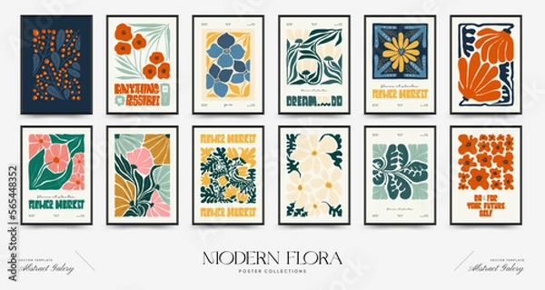 Fototapeta Abstract floral posters template. Modern trendy Matisse minimal style. Pink and blue colors. Hand drawn design for wallpaper, wall decor, print, postcard, cover, template, banner. 