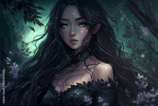 Fototapeta illustration of a beautiful young woman in a forest with black hair, black dress, and blue eyes created with Generative AI Technology