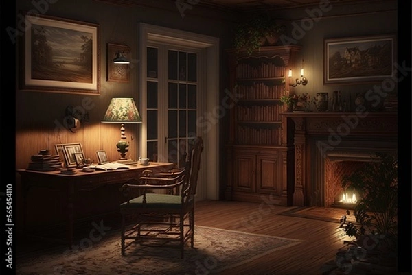 Fototapeta Country interior style study room at night with robust vintage looking natural wood desk and furnitures, with pictures and clock on the wall, illuminated bluntly with a table lamp