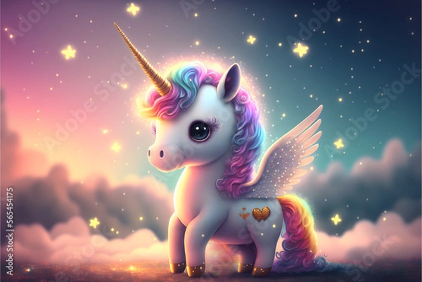 Fototapeta Cute Unicorn, Magic Baby Rainbow Horse surrounded by sparkles and glitter, Fantasy Background, 3D Illustration generativ ai