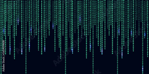 Fototapeta Matrix or binary code on the dark background with different vertical numbers and light. Big data visualization. Digital texture backdrop. Vector illustration.