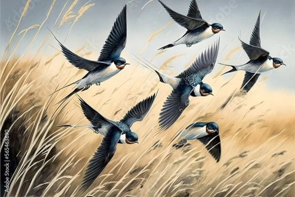 Obraz  a painting of a flock of birds flying over a field of tall grass and tall grass with a blue sky in the background and a few brown grass stalks.  generative ai
