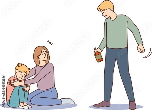 Obraz Scared mother protect child from drunk father