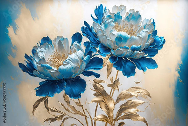 Obraz Abstract impressionism style landscape with blue flowers and golden brush strokes, white background,  Generative Ai