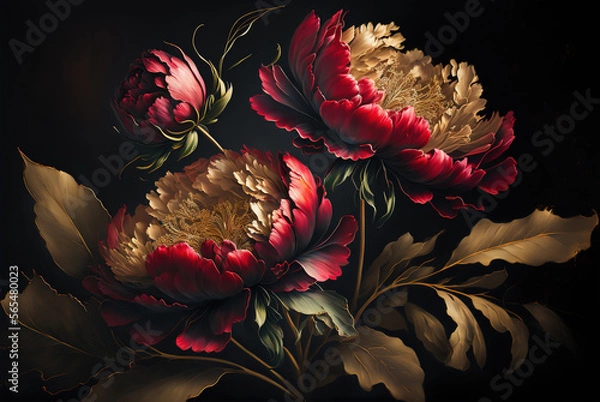 Obraz Fresh romantic red peony flower background with green leaves and golden elements