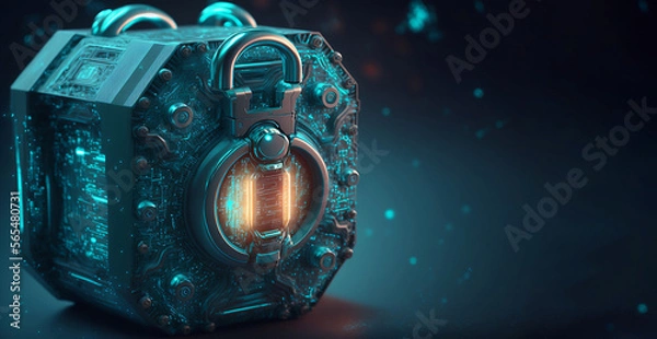 Obraz The concept of cybersecurity. A database in a microchip case. The PC of the future. Bitcoin storage and protection. Generative AI.