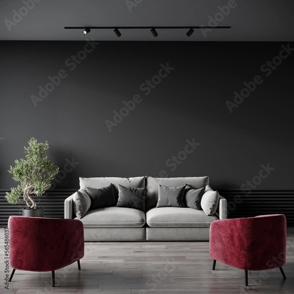 Fototapeta Lounge dark black wall and viva magenta 2023 color accents chair. Design in premium rich style living reception.  Modern interior design mockup - empty background for art. Minimalist room. 3d render 