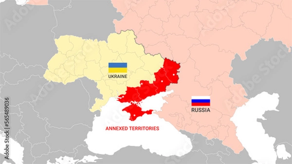 Fototapeta Map of Ukraine annexed territories by Russia. Flags. Vector. Isolated polygons