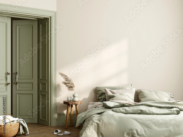 Obraz Cozy bedroom interior with bed and pillows, 3d render