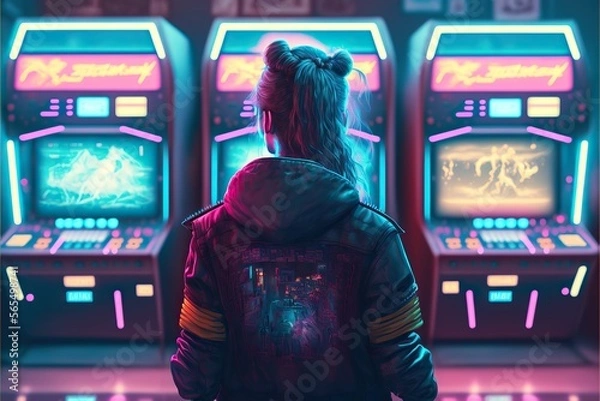 Obraz back view girl playing retro Arcade Machine hall, a synthwave hall with slot machines background ,90s vibes ,cyberpunk colored futuristic,high definition, soft lighting, ambient light,Generative ai	
