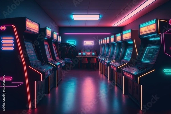 Fototapeta retro Arcade Machin room, a synthwave hall with Arcade Machin ,80s vibes ,cyberpunk colored futuristic,high definition, soft lighting, ambient light,Generative ai	
