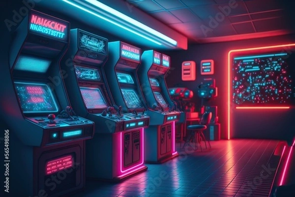 Obraz retro Arcade Machin room, a synthwave hall with Arcade Machin ,80s vibes ,cyberpunk colored futuristic,high definition, soft lighting, ambient light,Generative ai	
