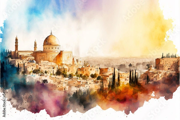 Fototapeta Jerusalem city watercolor panoramic painting. Generative AI