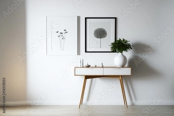 Obraz a living room with an entry table and a picture frame made by generative ai