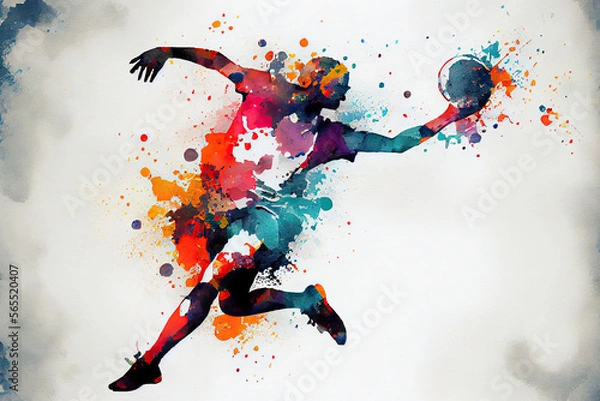 Fototapeta Abstract handball player jumping with the ball from splash of watercolors