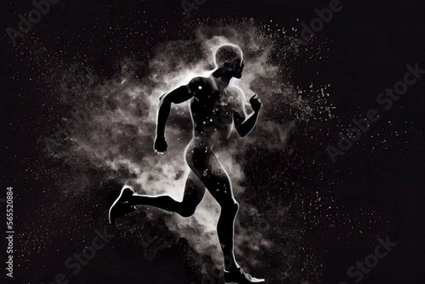 Fototapeta Abstract silhouette of a running athlete man on the dark, black background