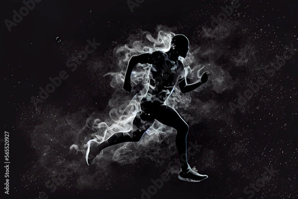 Fototapeta Abstract silhouette of a running athlete man on the dark, black background