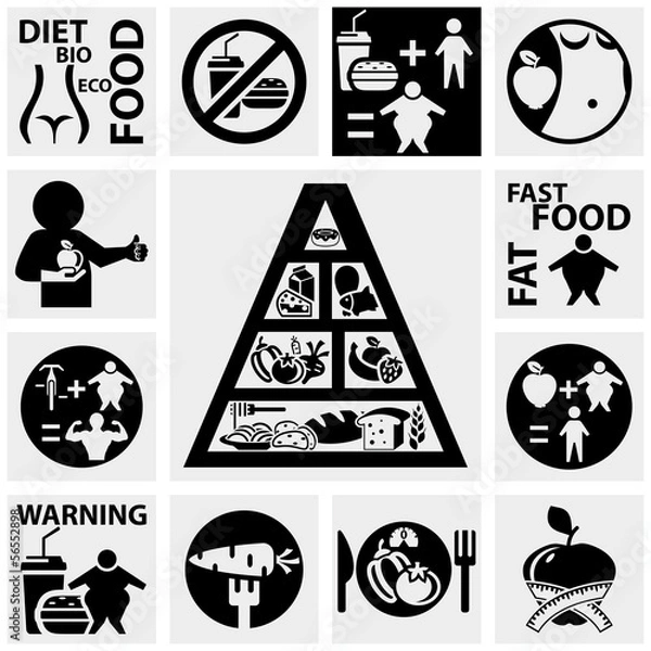 Fototapeta Diet and fitness vector icons set on gray