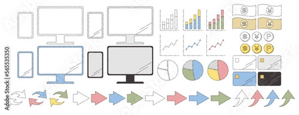 Obraz ビジネス素材　パソコン、グラフ、矢印、お金、カード