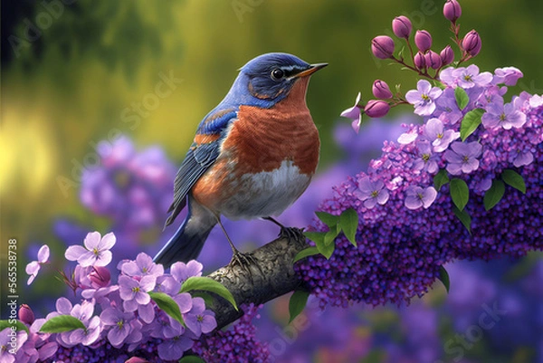 Obraz Robin bird in Spring season on a tree branch covered with purple flowers. Generative AI