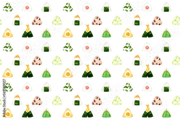 Fototapeta おにぎりのパターン　手描き水彩イラストの食べ物柄テキスタイル