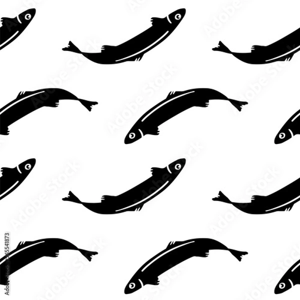 Fototapeta Seamless pattern with curved fish silhouettes. Seafood for the culinary menu. Fish for industrial canning. Anchovy in flat cartoon graphic style. Element for design backgrounds. Baltic herring.