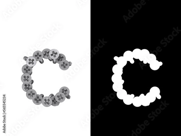 Fototapeta Small letter c made of screws screwed into a white surface with clipping mask, 3d rendering
