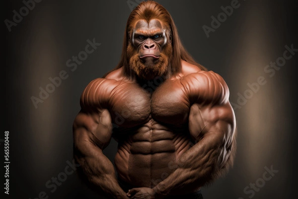 Fototapeta Portrait of a strong male Orangutan in a gym. Bodybuilding concept, generative ai