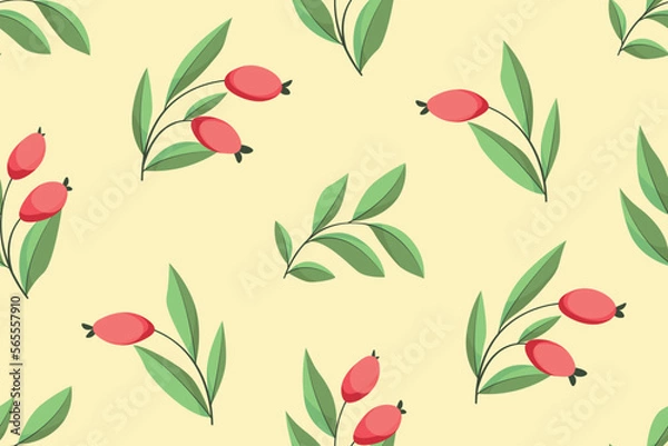 Fototapeta Seamless pattern with wild berries, leaves in a simple abstract composition. Decorative botanical print with a folk motif: berries, large branches of leaves on a light background. Vector illustration.