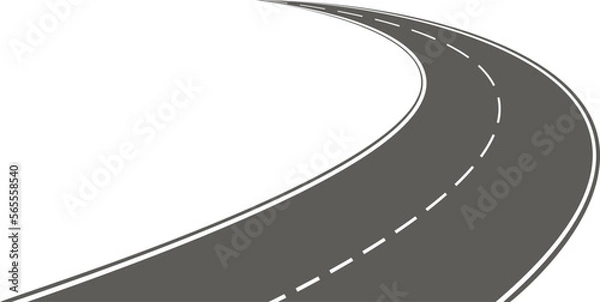 Fototapeta Curved road with white markings. Winding highway isolated on transparent background. Asphalt highway.