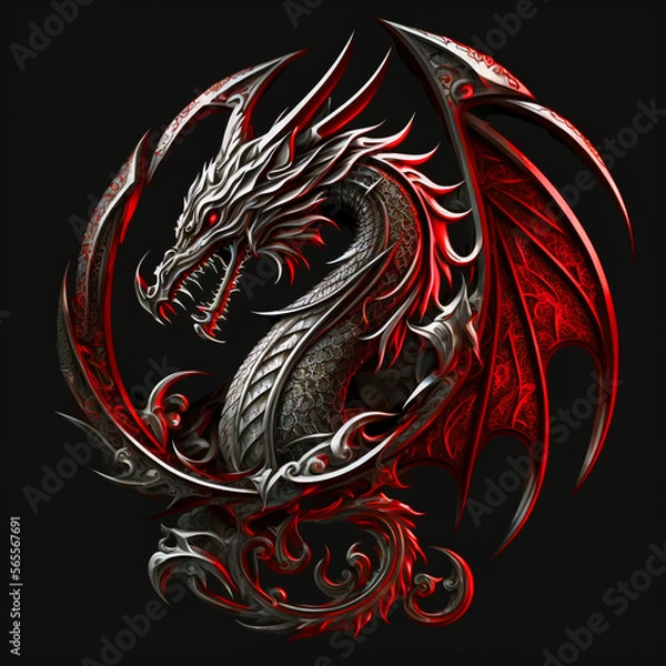 Fototapeta Mythological animal, Silver and red medallion