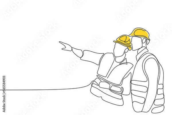 Fototapeta Single continuous line drawing of young construction manager giving instruction to builder coordinator at site meeting. Building architecture business concept. One line draw design PNG illustration