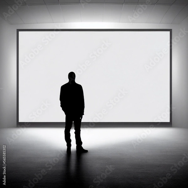 Fototapeta A silhouette of a man in a museum in front of a huge white painting. Generative AI
