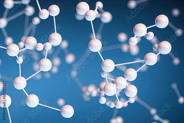 Fototapeta Atoms molecules bonds abstraction bubbles azure blue background, Generative AI