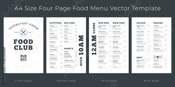 Fototapeta Restaurant cafe menu, template design.
A4 size, Four page food menu template