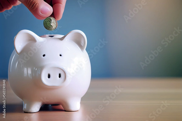 Fototapeta Eine Hand steckt eine Münze zum sparen in ein Sparschwein. Finanz- und Geldeinlagenkonzept - Generative Ai 
