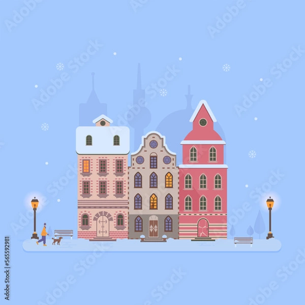 Obraz Vector illustration of the winter city landscape. Panorama of the city, winter street walking with a man of man. Template for congratulations and invitations, banner, poster, postcards..