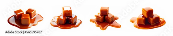 Fototapeta Caramel slice. Close-up of caramel candies with caramel sauce. Isolated on white background.