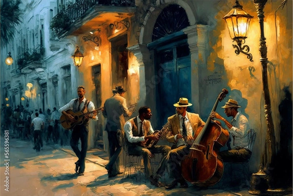Fototapeta jazz band havana street, oil painting. Generative AI