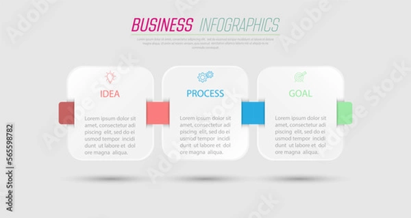Fototapeta Business Infographics. 3 steps to achieve the result. Stages of development, workflow, marketing or plan. Business strategy with icons. Diagram of the report, statistics and training.