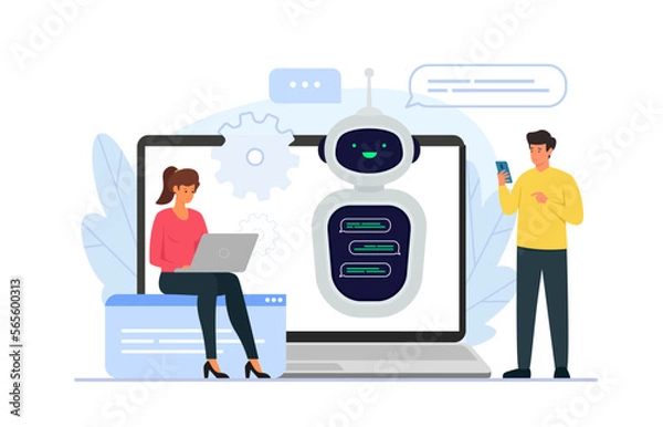 Fototapeta Vector illustration of chatbot customer service support concept. People characters chatting with chat bot in smartphone and laptop.