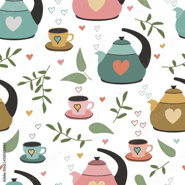 Fototapeta Seamless pattern with teapot and cup hand-drawn.